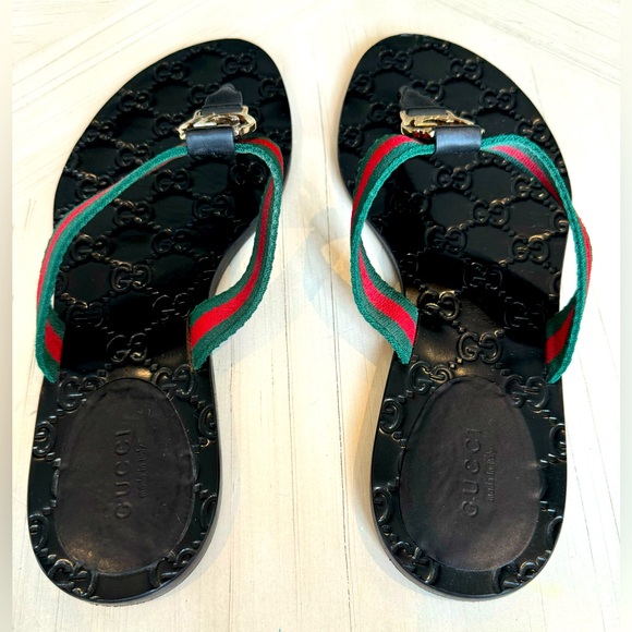 Authentic GUCCI Guccissima Web Thong Sandals Size 38/7.5 in Green Red Black - Picture 3 of 12